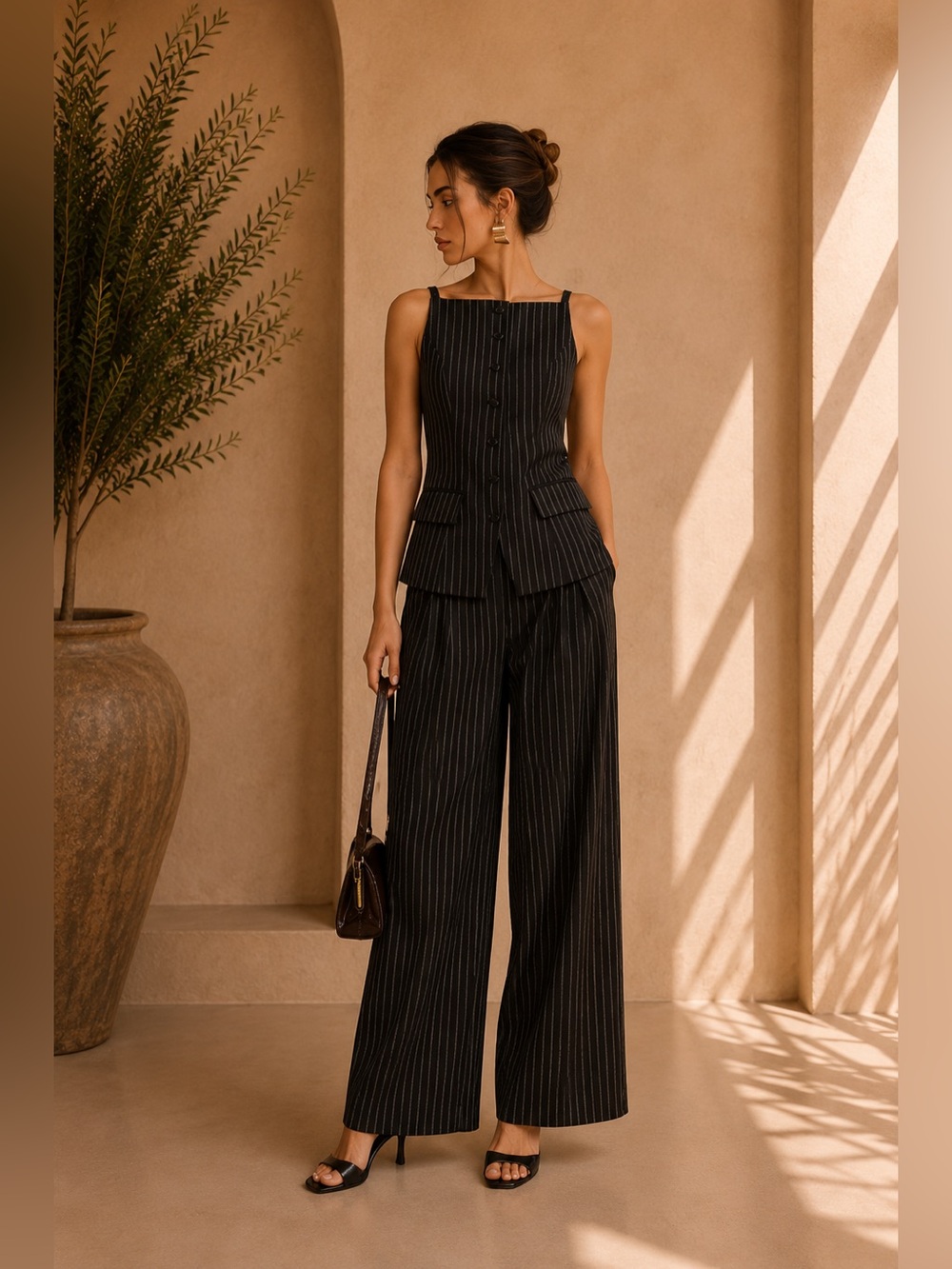 Commense Black Pinstripe Vest & Wide Leg Pants Set XS | Corporate Chic